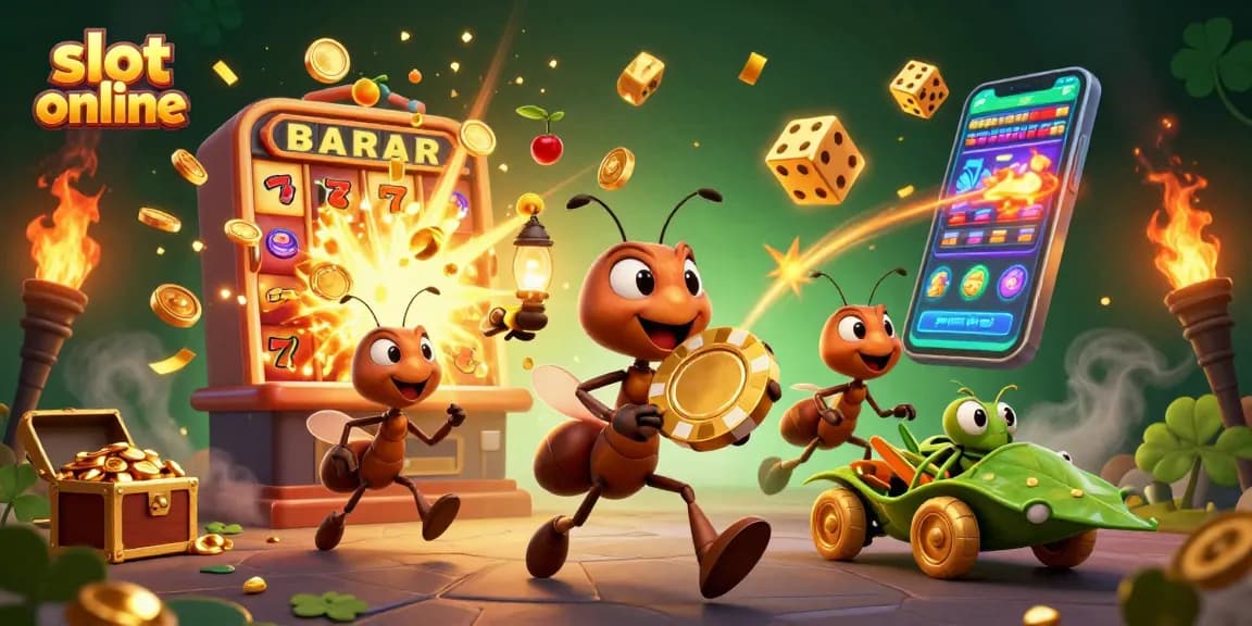Slot online dengan tim 3D kartun mencari kemenangan menggunakan chip poker raksasa.