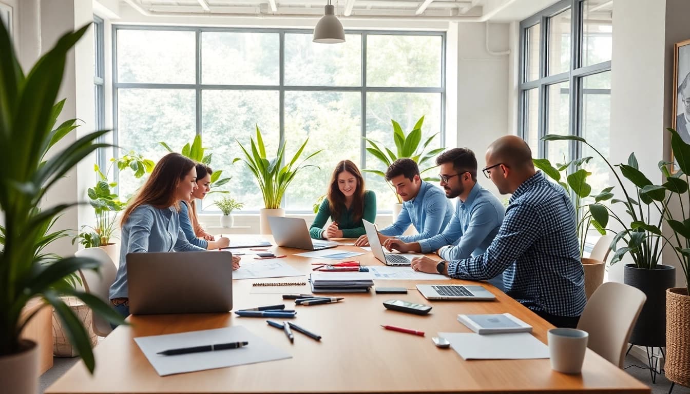 Dynamic team collaboration at a web design company in a modern office.
