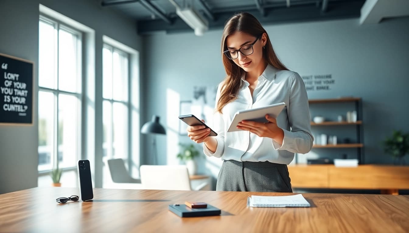 Sell broken phone cash with professional woman assessing a damaged smartphone.