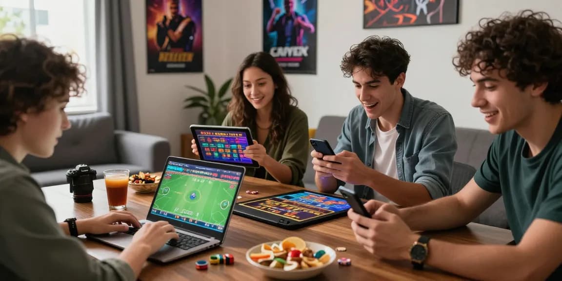 Friends enjoying gaming activities on trang chủ shbet, placing bets and checking results in a lively living room.