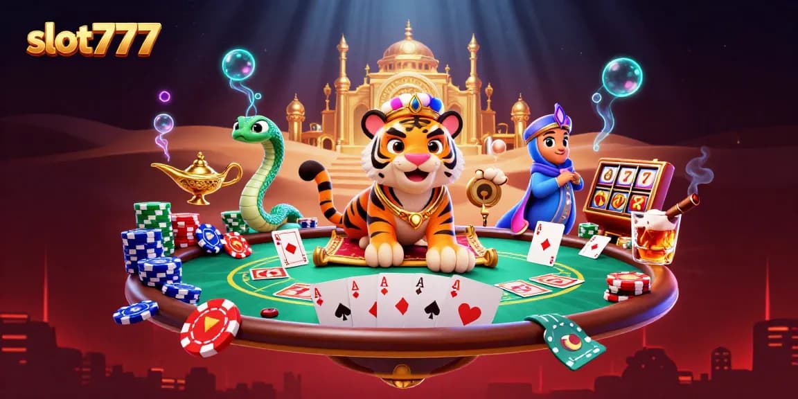 Gambarkan slot777 dengan sultan harimau, simbol keberuntungan, dan elemen kasino memukau lainnya.