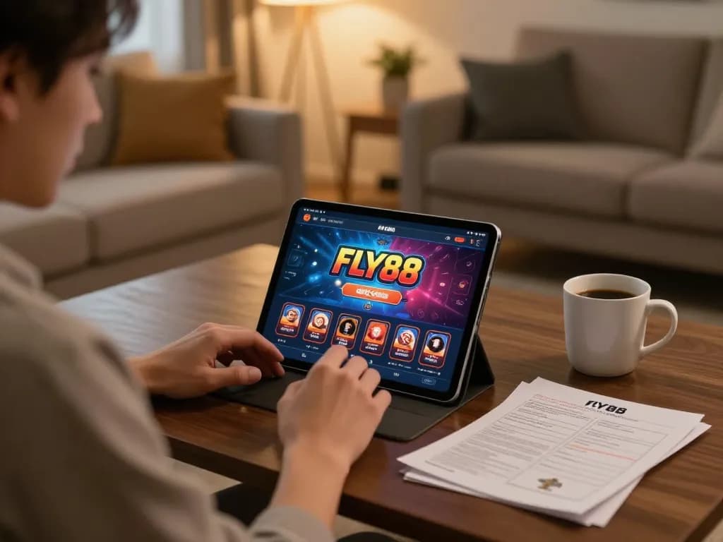 Experience online gaming with FLY88 app on tablet in cozy home setup
