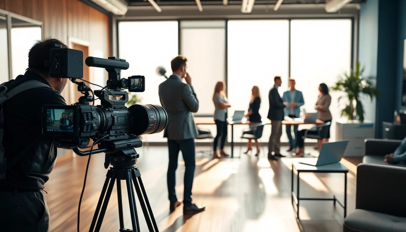 Producing a Corporate Video Production scene with crew and actors in a modern office environment.