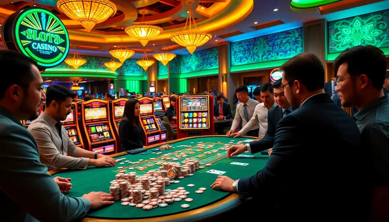 Experience excitement at SLOTS8 with vibrant slots, poker chips, and an inviting casino atmosphere.