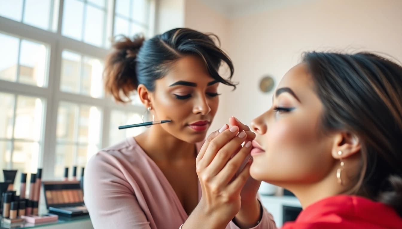 Annapolis makeup artist skillfully enhances facial features in a bright, inviting studio space.