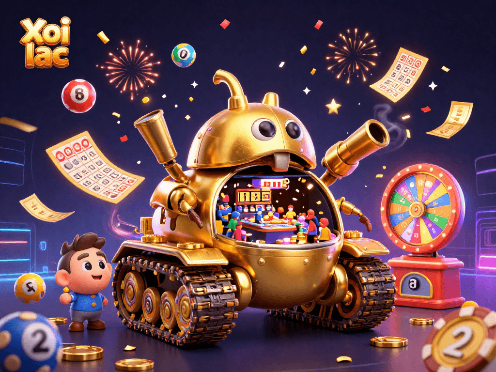 Xoi lac showcases a vibrant casino scene with colorful lottery elements and a dynamic beetle tank.