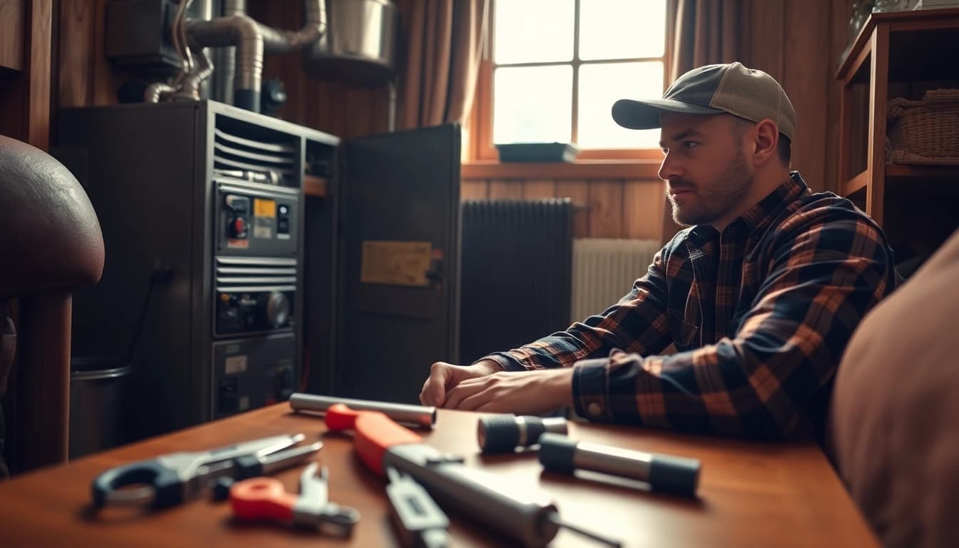 Skilled technician conducting heating repair pawling in a cozy home setting.