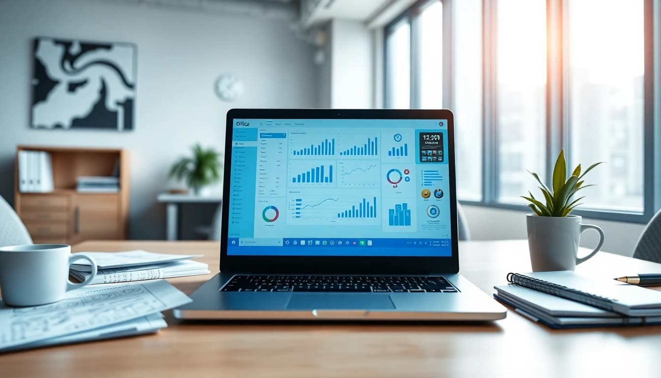 Image showcasing wps下载 on a laptop within a modern office space.