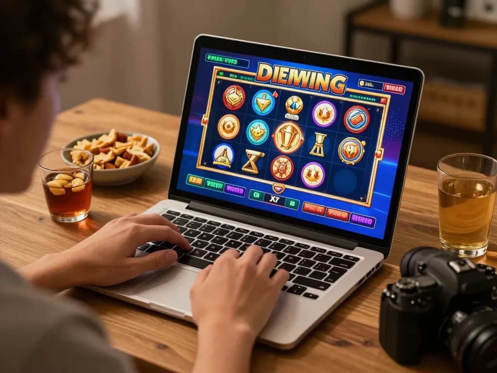 Engaging slot bet session with player using laptop, vibrant game graphics, and cozy atmosphere