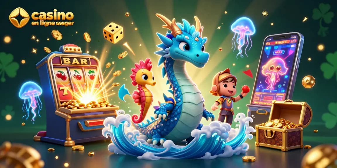 Illustration captivante de casino en ligne sans wager, avec un dragon aquatique, un chevalier hippocampe, et des éléments de jeu dynamiques.
