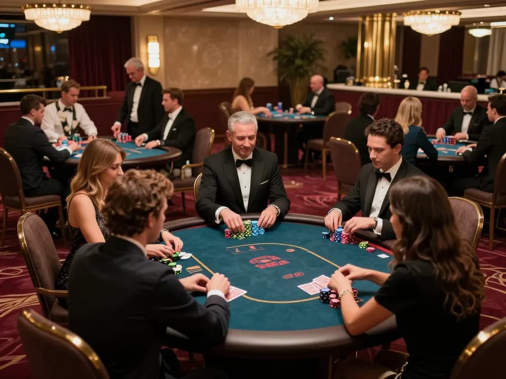 G28 TRANG CHỦ poker game in an upscale casino with players and dealers immersed in action.