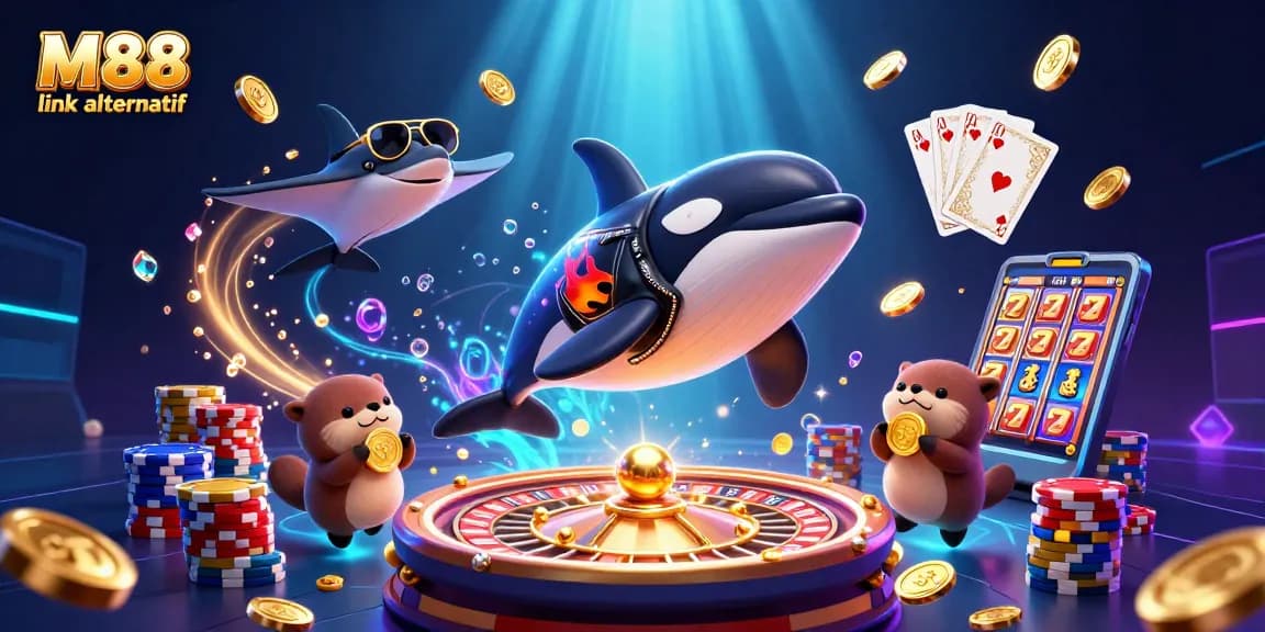 M88 link alternatif showcases a vibrant casino illustration featuring sea creatures and gold coins, perfect for engaging bettors.