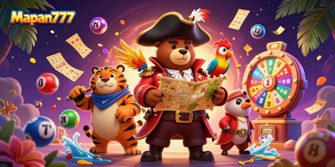 Engage in Mapan777's exhilarating lottery adventure with vibrant characters and dazzling game elements.