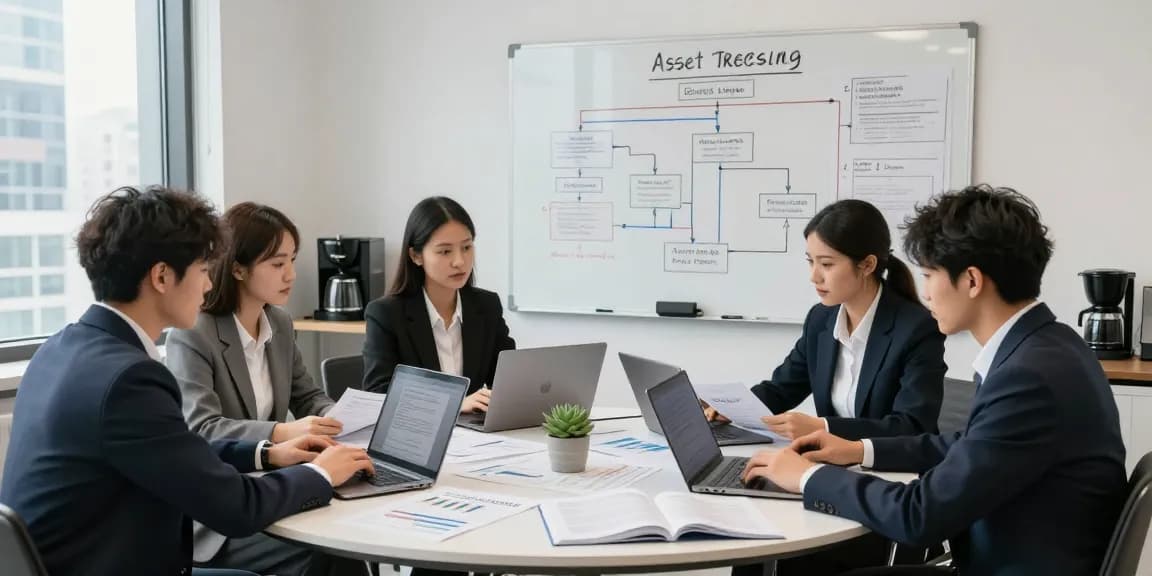 Team collaborating on asset tracing strategies in a corporate office setting, with laptops, financial documents, and charts.