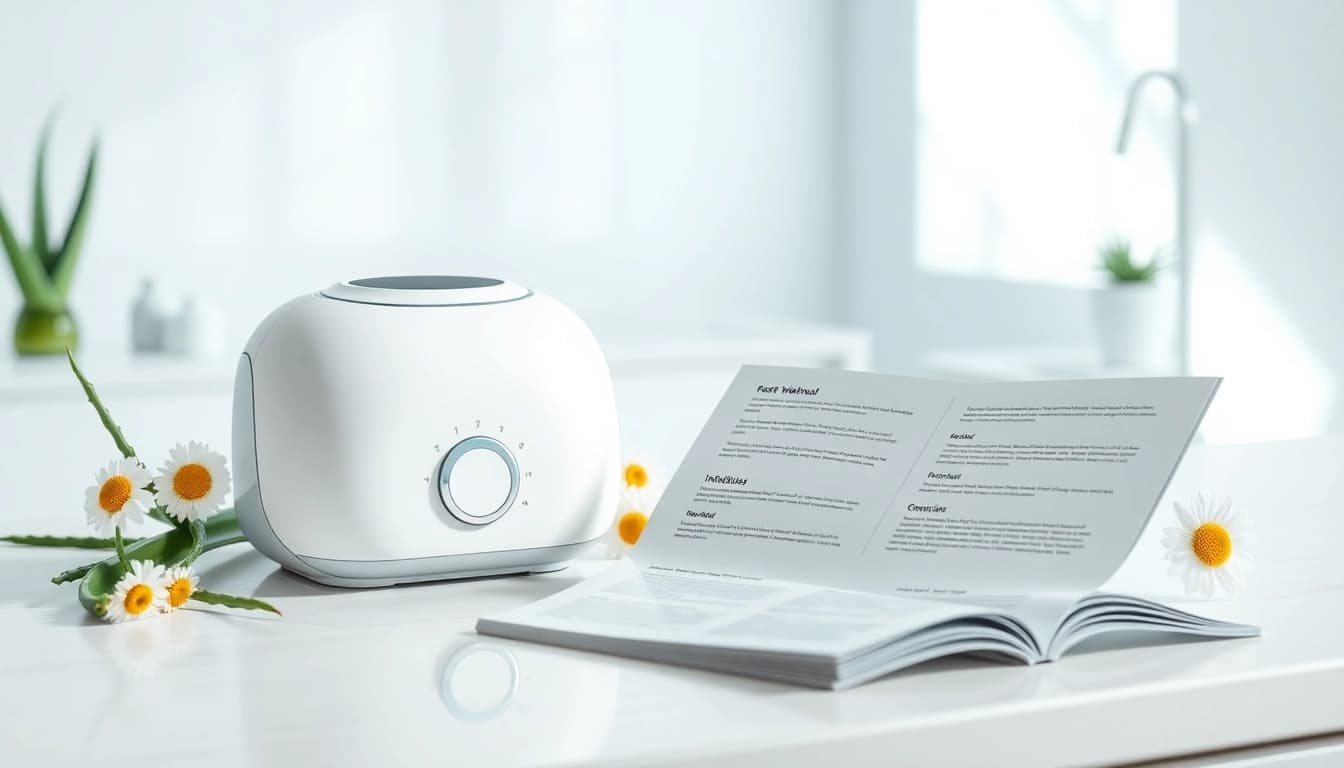Detailed facial whitening instrument manual with an elegant device on a counter featuring natural skincare elements.