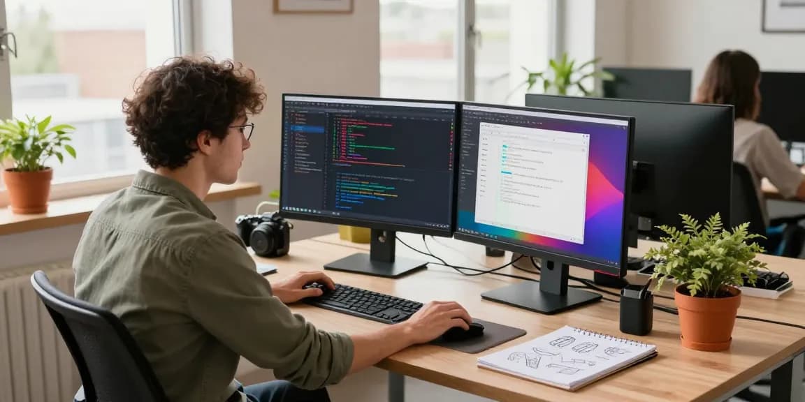 Image to prompt generator in use, showcasing a developer analyzing code and creating digital art in an innovative workspace.