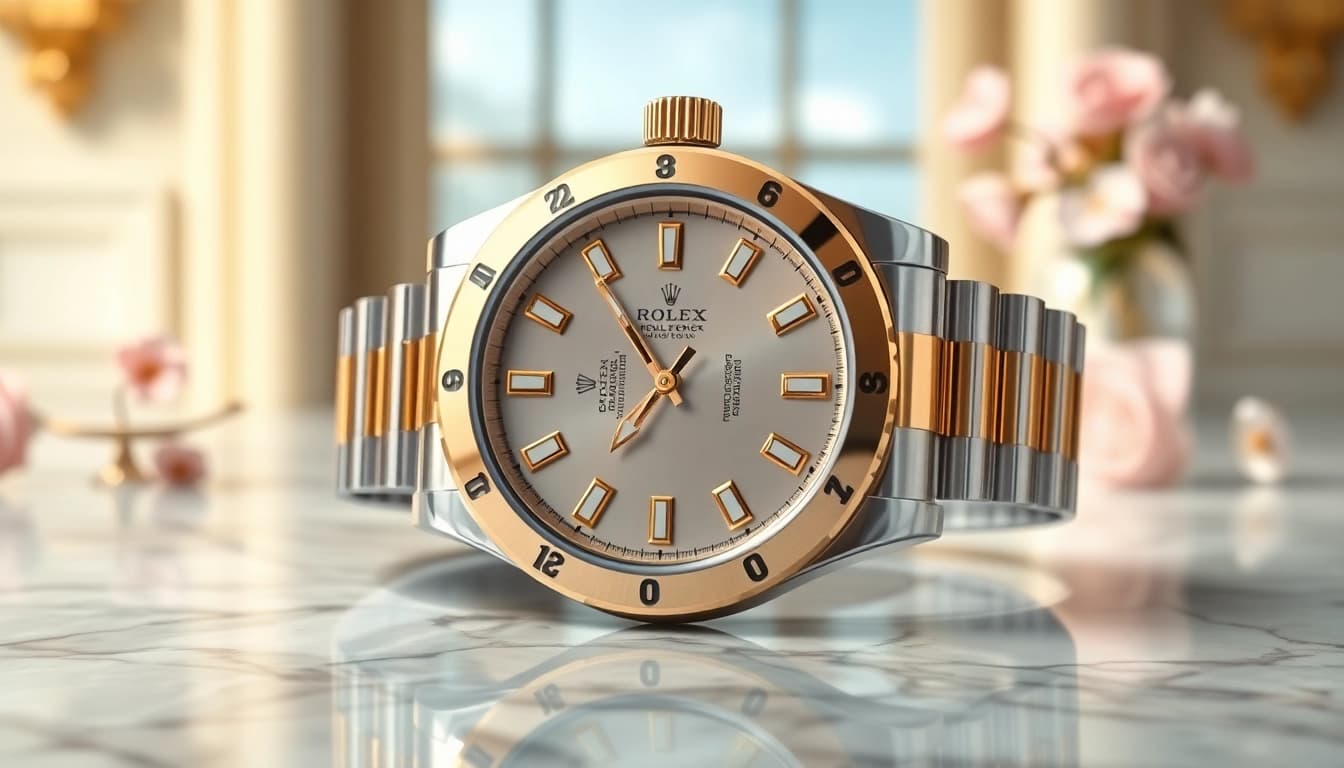 Admire the exquisite craftsmanship of a rolex replica watch elegantly displayed on marble.