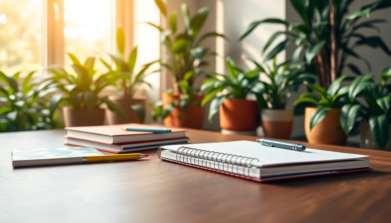 Organized office stationery uk on a sleek desk surrounded by greenery, enhancing workspace productivity.