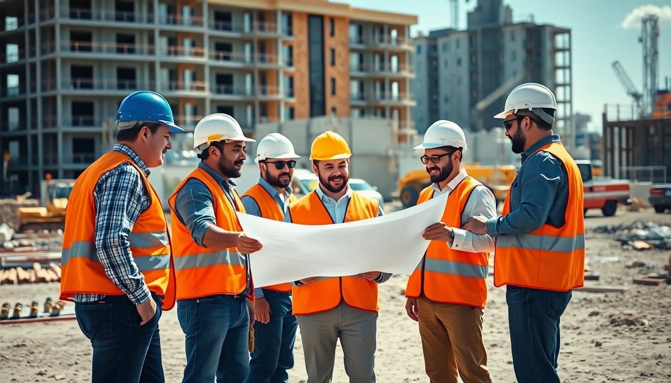 Construction association Denver collaborating on-site with professionals discussing plans around blueprints.