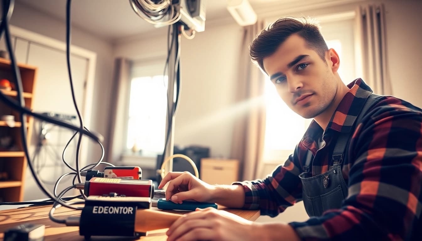 Electrician conducting edmonton electrical maintenance in a bright urban home environment.