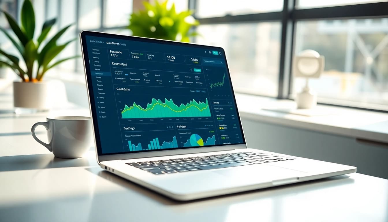 Analyzing SEO Rank Tracker metrics on a modern laptop in a stylish office.