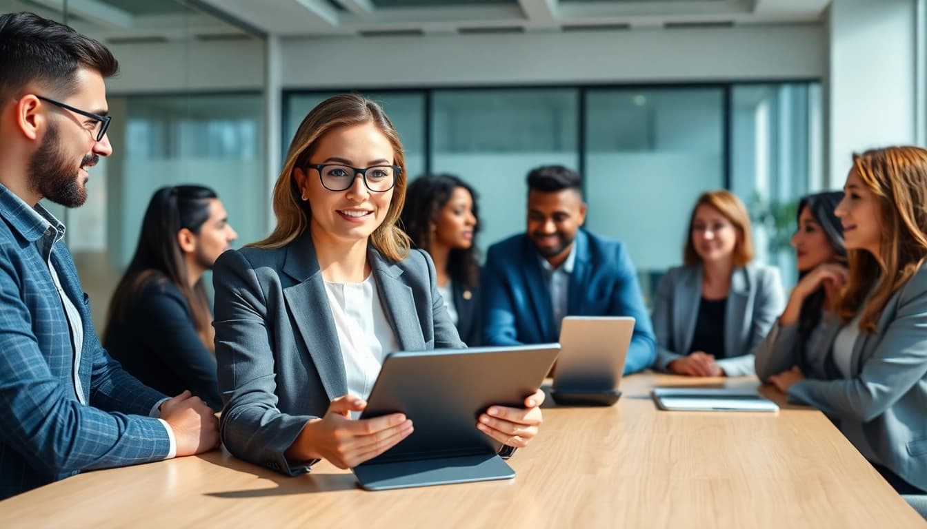 Highlighting fractional CMO services in a vibrant office collaboration scene.