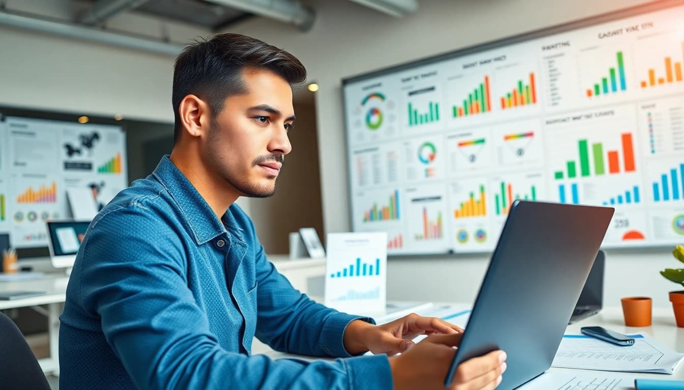 Analyze digital marketing strategies with 79king in a vibrant office setting.