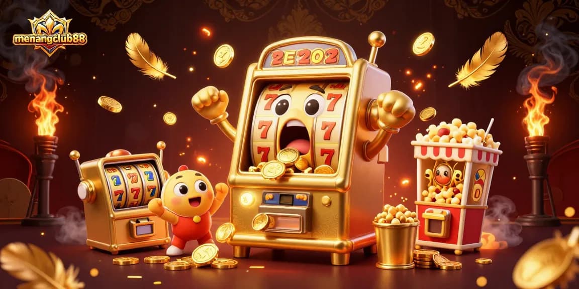 Experience the thrill of menangclub88 with a joyful golden slot machine hitting a jackpot amid cheering machines.