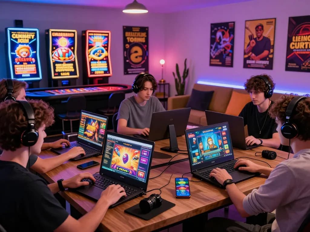 C168 online gaming environment with players on laptops and smartphones, vibrant atmosphere and promotional banners.