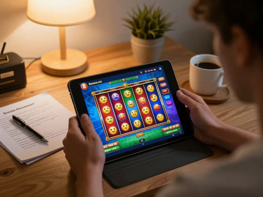 Player engaging in a vibrant tg8 slot game on a tablet, showcasing dynamic gameplay and relaxed home environment.
