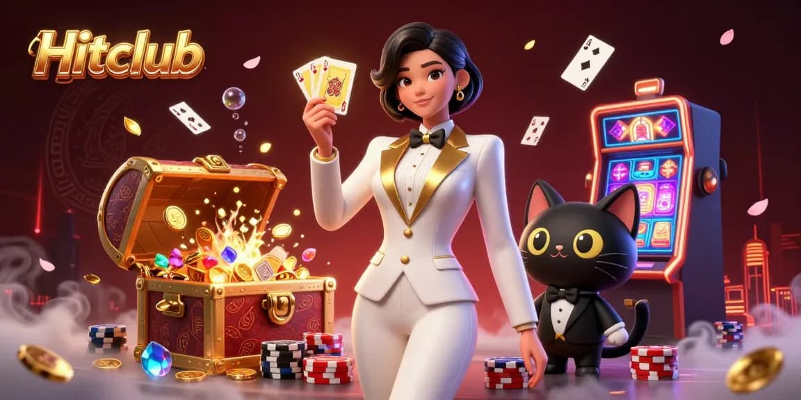 Experience Hitclub's thrilling casino scene with glamorous characters, golden cards, and electrifying game elements.