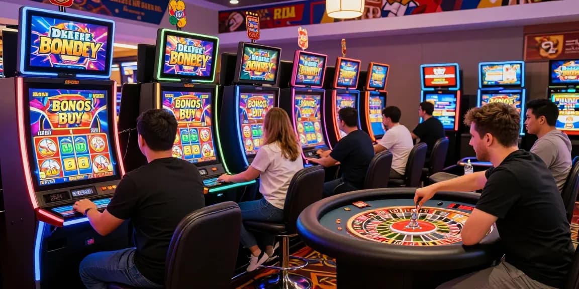 uk casinos not on gamstop vibrant gaming scene with players enjoying Bonus Buy slots and live dealer roulette