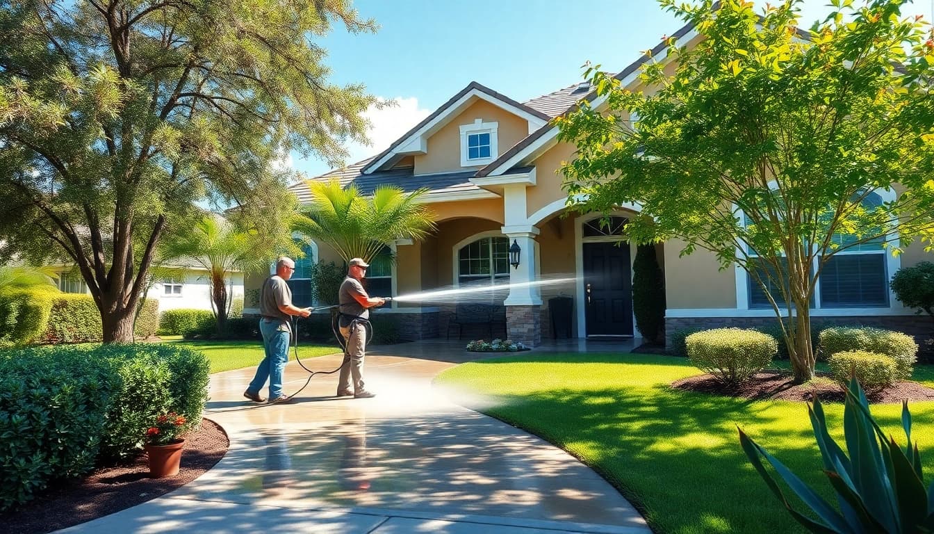 Pressure wash team professionally cleaning a residential home in Kissimmee, FL, showcasing effective exterior cleaning.