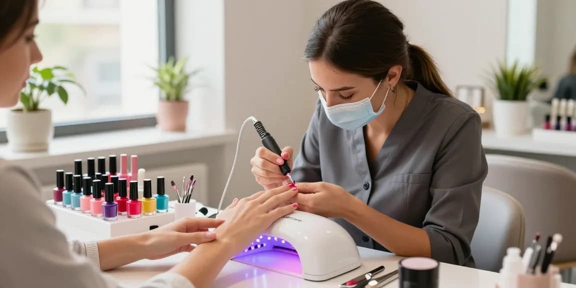 Tehnician profesionist de unghii folosind o lampa UV LED unghii pentru o manichiură elegantă în mijlocul unor produse vibrante pentru unghii.