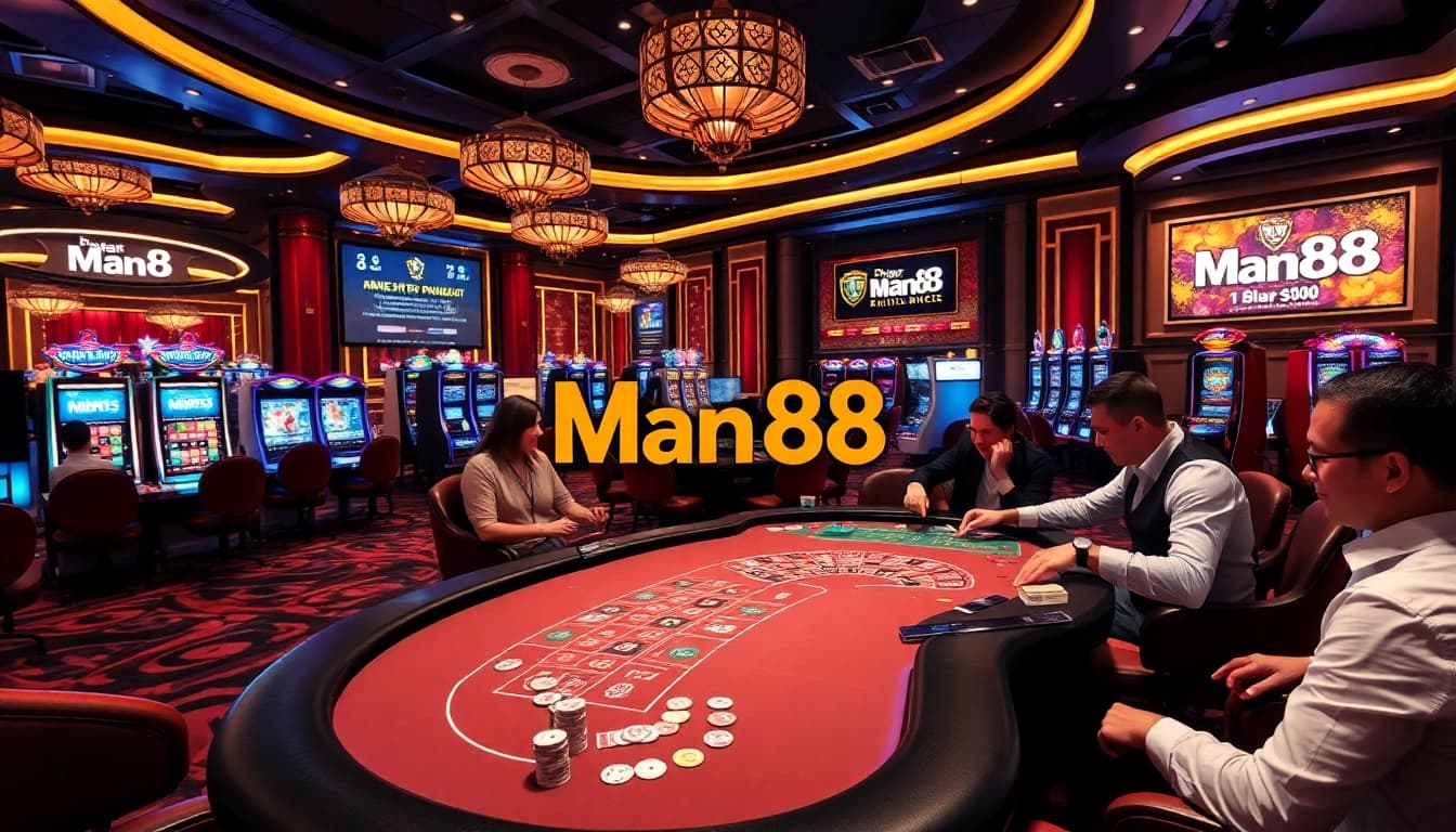 Engaging casino scene highlighting players at betting tables with Man88 brand elements.