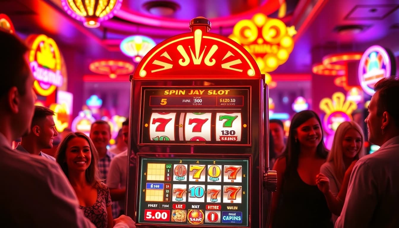 Slot mesin berwarna-warni menarik perhatian pemain casino di lingkungan penuh semangat.