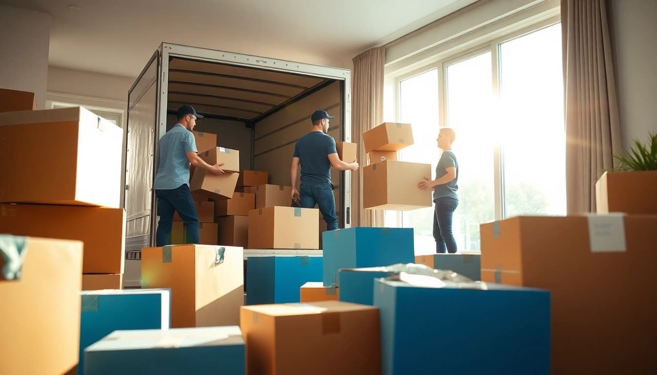 Toronto moving company professionals efficiently packing and loading items in a bright apartment.