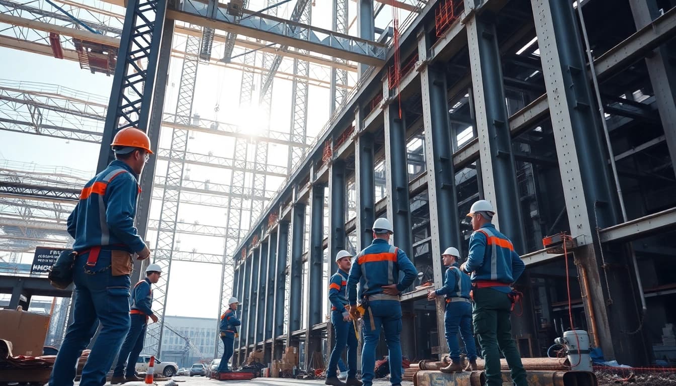 Team engaged in structural steel installation, showcasing coordination and precision at a construction site.