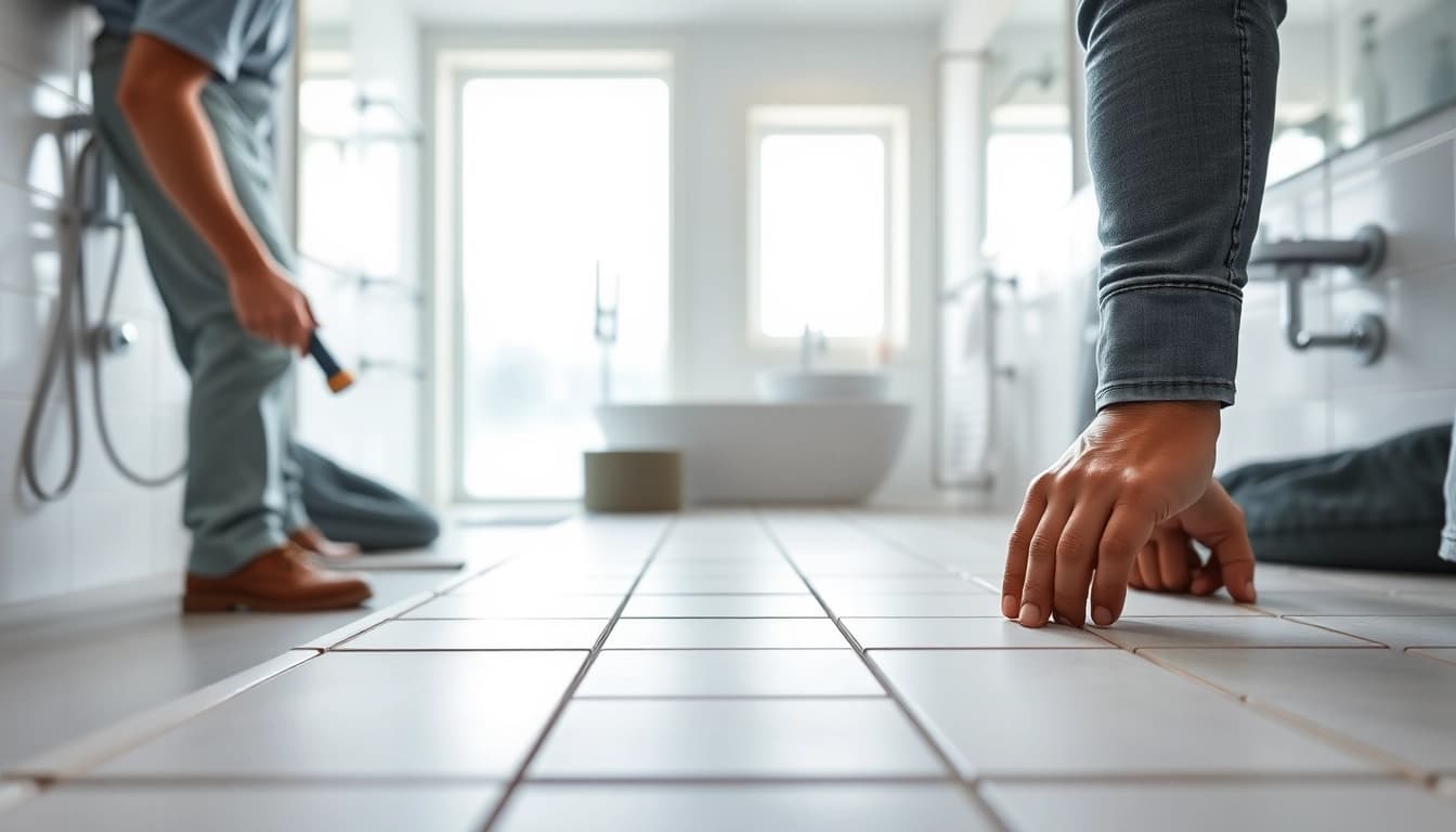 Experienced wet room fitters installing tiles showcasing precision and modern design.