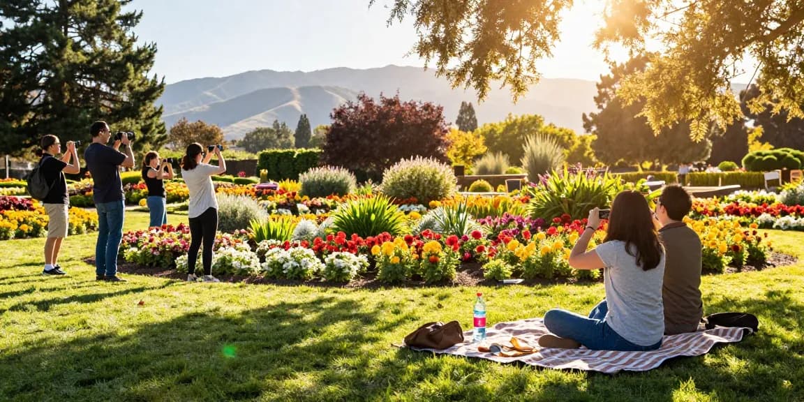 A traveler enjoying colorful flowers at https://www.thecapayvalleygardentour.com during a sunny day, capturing the beauty of nature.