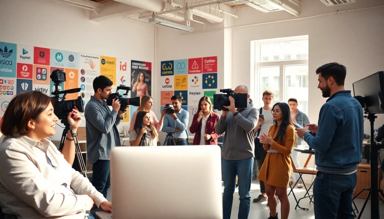 Creators collaboratively working on content monetization for creators in a vibrant studio.