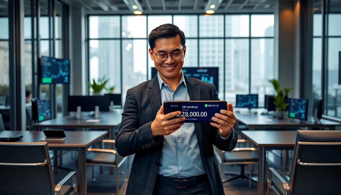 Confident professional celebrating BOX138 successful withdrawal of Rp 2.424.000,00 in modern office.