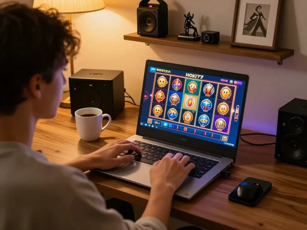 Pengguna yang terlibat bermain hoki77 slot online di laptop dalam suasana rumah yang nyaman
