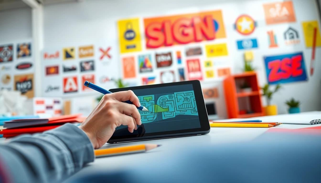 Creating an innovative sign design with vibrant materials in a dynamic workspace.
