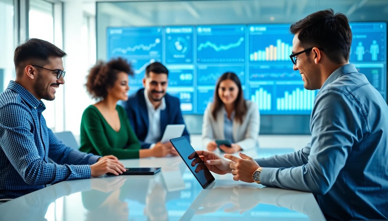 AI Employee assisting in a modern office with team collaboration and technology integration.