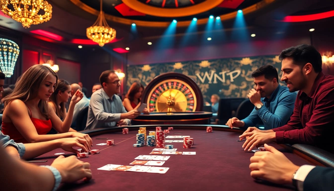 Cảnh chơi poker Bet VIP đầy hứng khởi với những người chơi sôi nổi và những đồng chip đầy màu sắc.