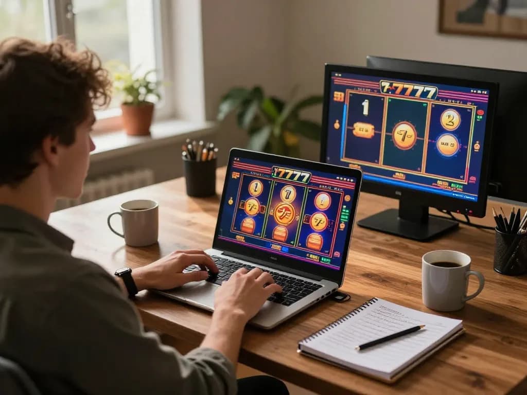 Engaging online player enjoying slot777 game on laptop with cozy home setup.
