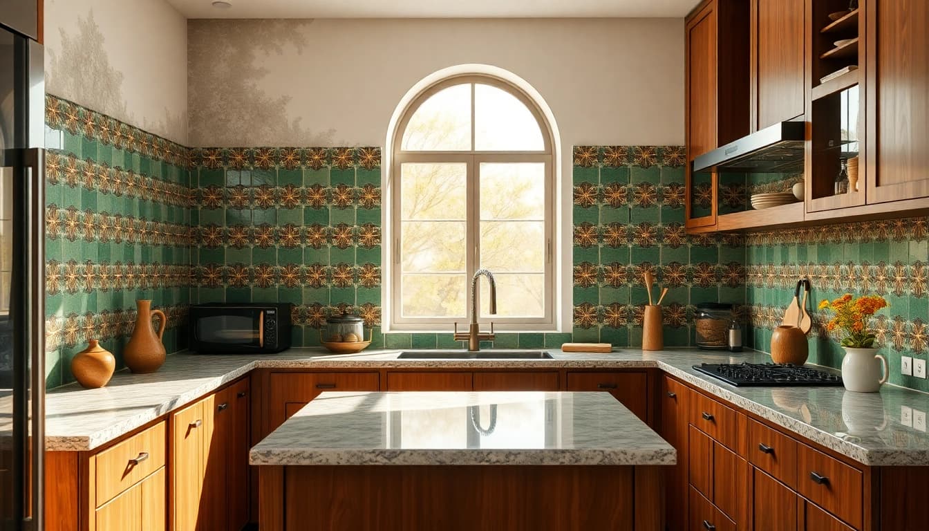 Cuisine époustouflante avec des carreaux zellige vibrants mettant en valeur des couleurs et motifs complexes.