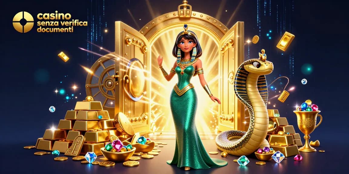 Vivi l'emozione del casinò senza verifica documenti con una donna glamour e tesori d'oro.