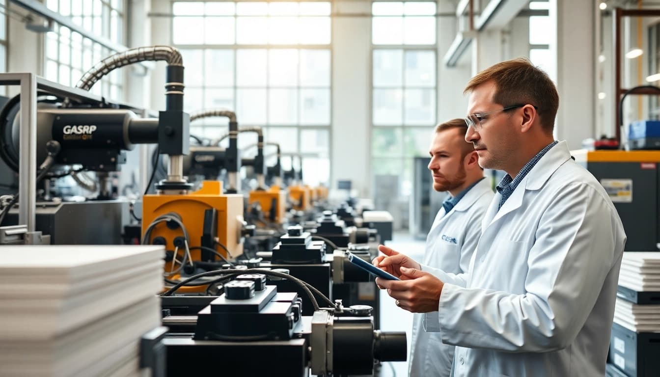 GRP Manufacturer facility displaying precision machinery and engineers at work in a bright, professional setting.